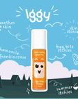 A essential oil roll-on labeled 'Iggy Itchy' with illustrations for itchy skin and summer