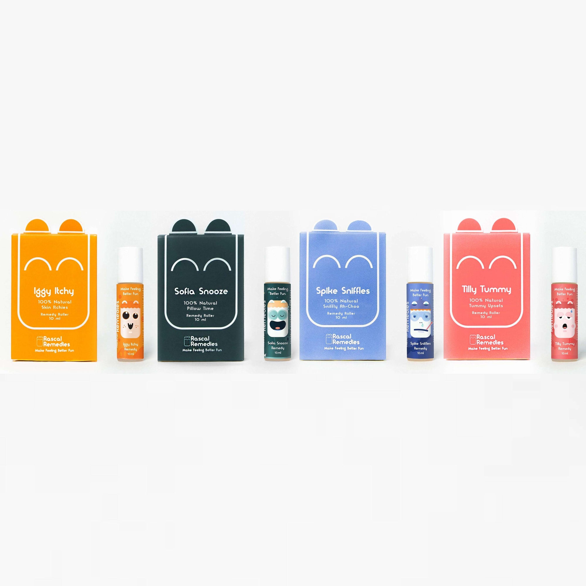 An assortment of colorful remedy-rollers neatly arranged in a bundle, featuring the 'I Love Rascals' collection for children's wellness. Natural remedies for kids. 